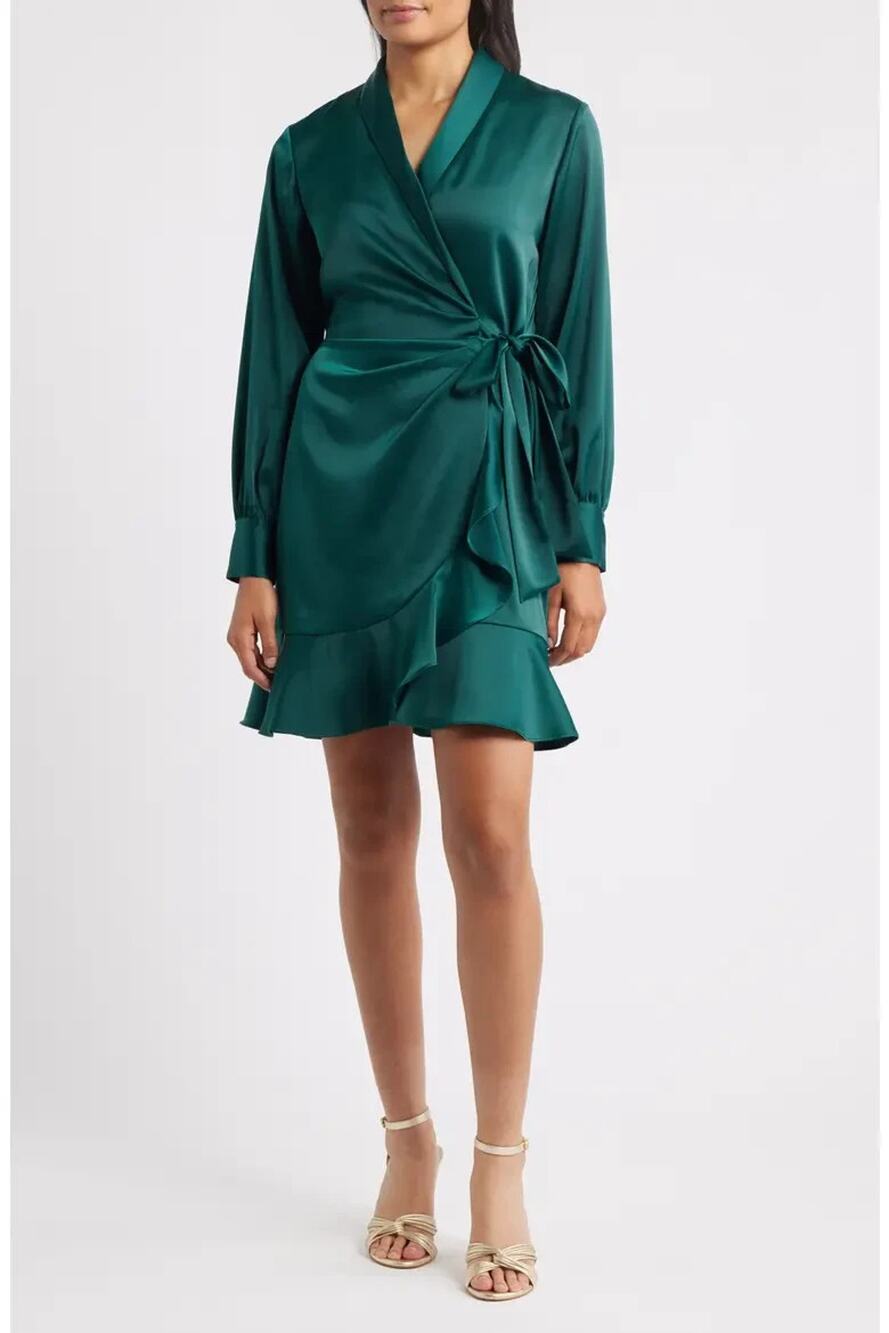 Anne Klein Long Sleeve Ruffle Hem Faux Wrap Minidress Green Size 16 0896